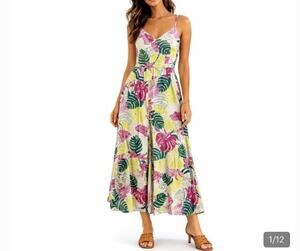Nicole Miller Cami Jumpsuit Womens Large Tropical Palm Leaf Linen-Blend Wide-Leg